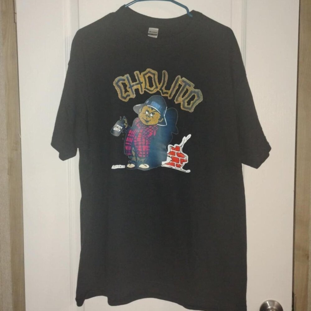 Vintage 1970's "Cholito" iron on short sleeve heavy duty T-shirt. Black Size XL.